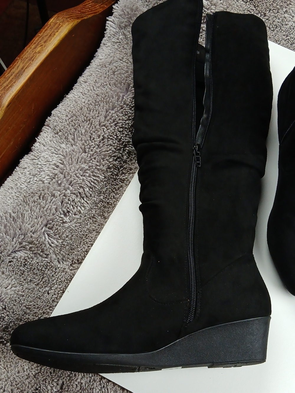 Black Faux Suede Wedge Knee-High Boots - Classic Women's Footwear